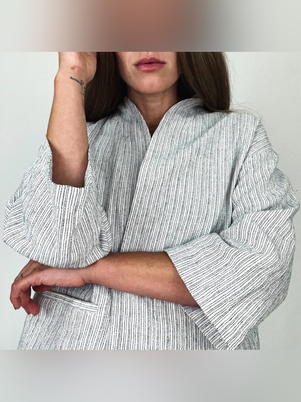 Eileen Fisher White Linen Cotton Ticking Stripe Open Kimono Jacket Lagenlook XL